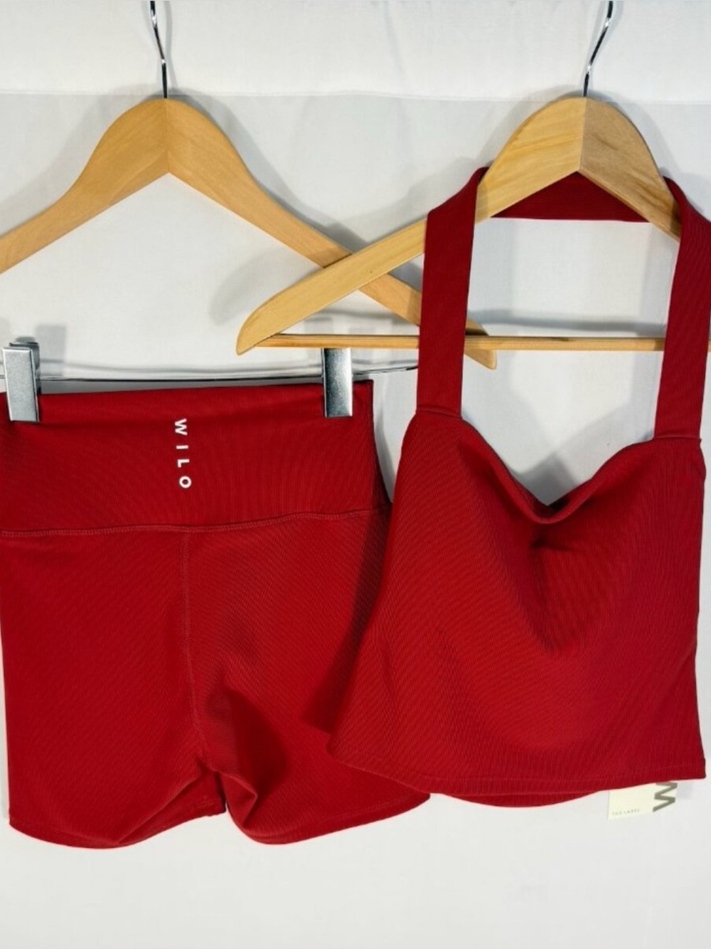 WILO Red Ribbed Halter Sports Bra with Matching High-Waist Shorts